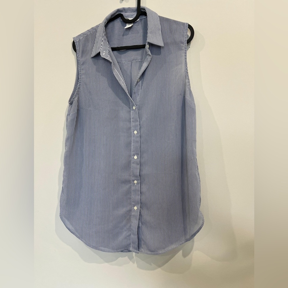 Sleeveless Blue Pinstripe Button-Front Shirt